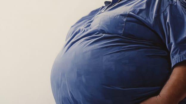 Side view of a man in a blue shirt with a large belly, health awareness concept.