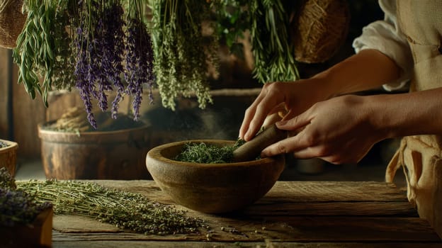 Herbs being ground in rustic kitchen, natural lifestyle concept.