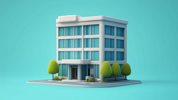 A contemporary office building stands prominently with large glass windows. Flanked by neatly trimmed trees, it rests on a well-defined sidewalk under a vibrant blue backdrop.