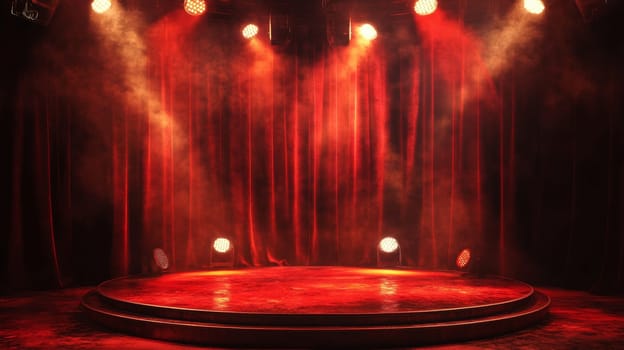 Empty stage with red curtains and spotlights, dramatic theater atmosphere.