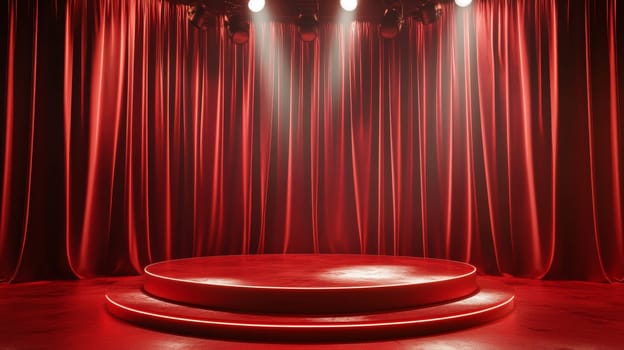 Red stage with spotlight and curtains, theater ambiance. Performance and entertainment concept.