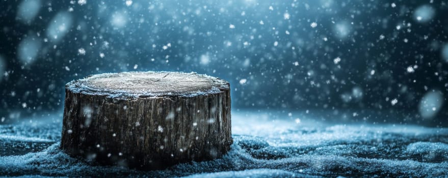 Tree stump in a snowy forest, winter wonderland concept.