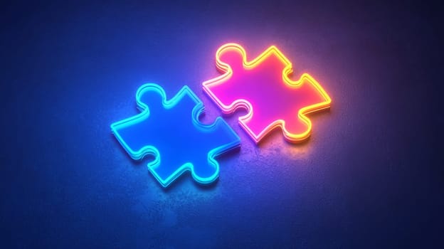 Two neon puzzle pieces glowing in dark space, abstract connection concept.