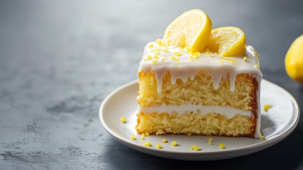 A delicious slice of lemon cake sits on a white plate, topped with glossy icing and garnished with fresh lemon slices, showcasing its moist texture and inviting appearance.