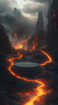 Dramatic volcanic landscape with round podium, flowing lava and dark clouds.