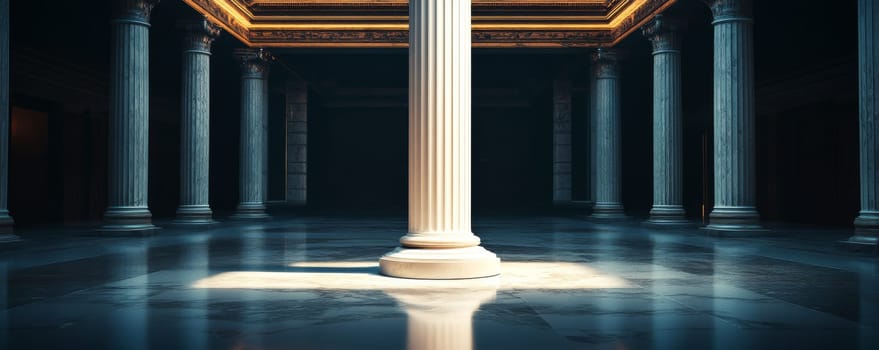Ancient hall with marble columns, historical architecture. Classical elegance and grandeur concept.