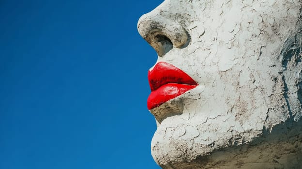Sculpture of face with red lips against blue sky, abstract art concept.