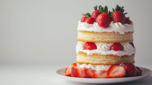 A beautifully decorated layered cake features three tiers of light sponge cake, topped with whipped cream and fresh strawberries. The presentation highlights the vibrant colors of the strawberries.