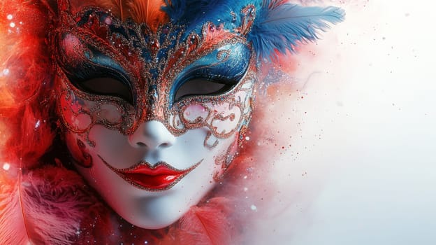 Carnival mask with feathers and glitter, vibrant colors. Art and mystery concept.