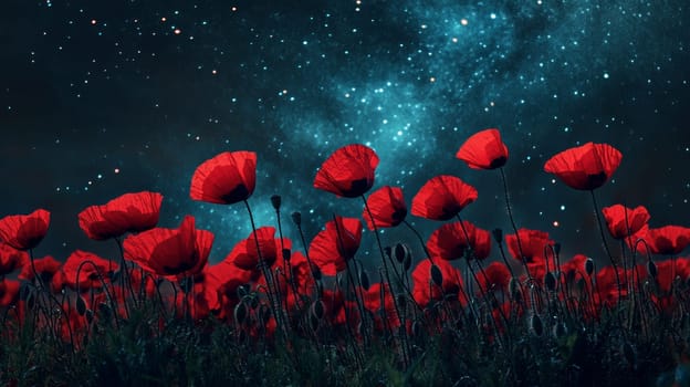Red poppies under a starry night sky, serene landscape. Dreamlike nature and tranquility concept.