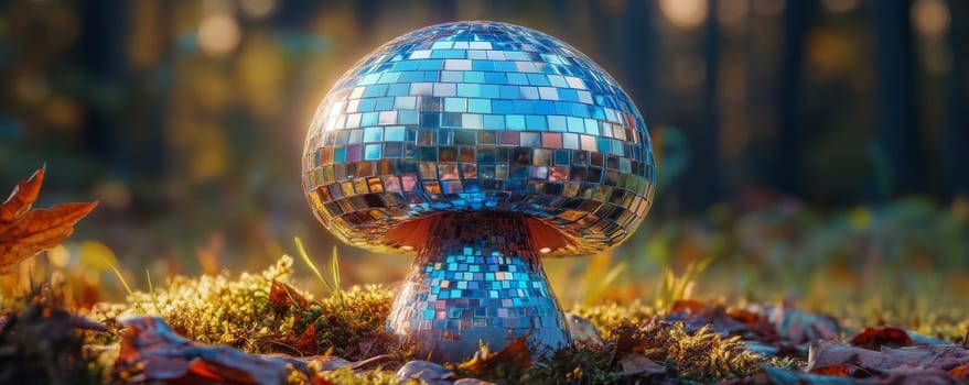 Mosaic disco ball mushroom in a forest, reflecting sunlight. Surreal art and nature fusion concept.