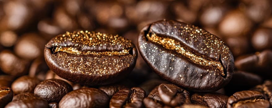 Close-up of coffee beans with golden glitter, luxury concept.