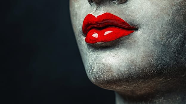 Close-up of stone sculpture with bright red lips, artistic expression. Modern art and surreal beauty concept.