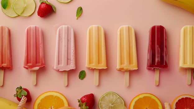 A delightful assortment of fruit-flavored popsicles is neatly arranged on a pastel pink surface. Each popsicle showcases vibrant colors representing various flavors, while fresh strawberries, oranges, limes, and mint leaves enhance the presentation, creating an inviting treat perfect for a warm day.
