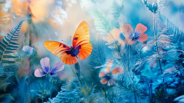 Butterfly among vibrant wildflowers in dreamy forest atmosphere.