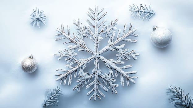 Snowflake and ornaments on snowy background, winter holiday decoration concept.