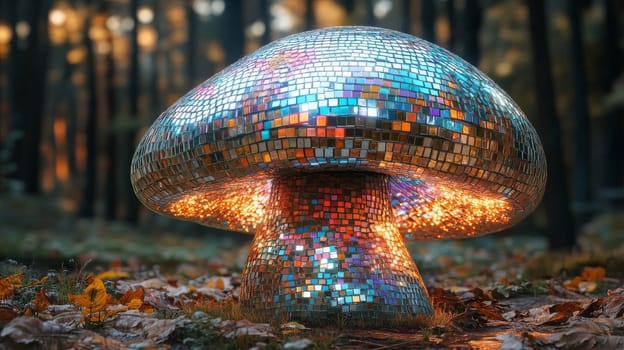 Glowing mosaic mushroom in forest at dusk, artistic installation concept.
