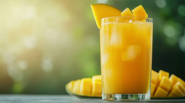 A vibrant mango smoothie fills a tall glass, garnished with fresh mango slices. Chunks of mango are arranged beside the drink, capturing the essence of summer's refreshing flavors.
