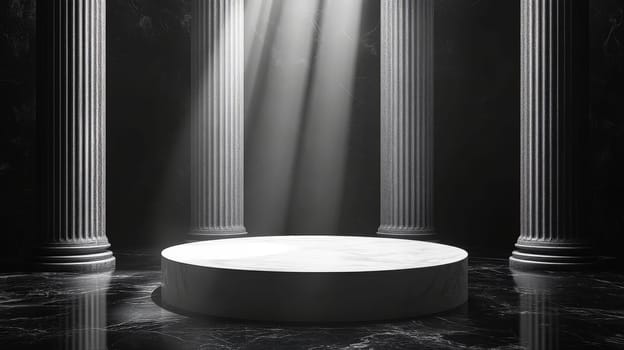 Marble pedestal with columns and dramatic lighting.