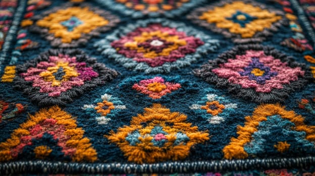 Detailed view of colorful geometric patterned rug, traditional textile art design. Cultural heritage and craftsmanship concept.