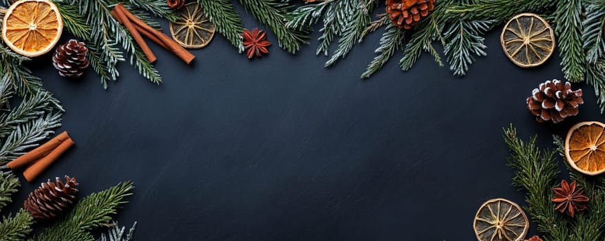Festive christmas background with pine branches and dried citrus, winter holiday concept.
