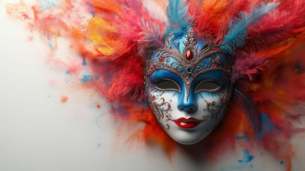 Venetian mask with vibrant feathers on white background, artistic expression concept.