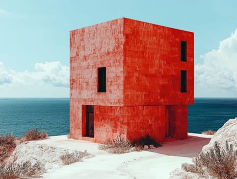 Bright red minimalist house is perched on a white cliff overlooking the turquoise sea. Creating a striking contrast of colors. The house's simple design and bold color make it a captivating subject