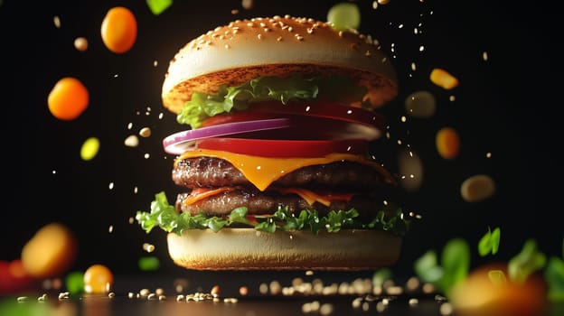 A gourmet burger stacked with two patties, cheese, lettuce, tomato, and onion, surrounded by flying ingredients.