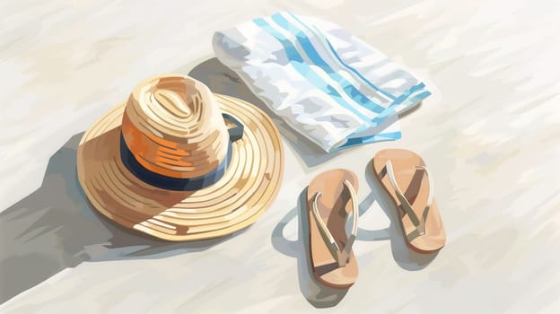A stylish straw hat rests alongside a folded beach towel and a pair of flip-flops on soft sand. The sun casts gentle shadows, indicating a warm afternoon ideal for relaxation.