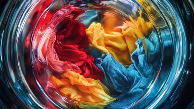 Colorful clothes swirling inside a washing machine drum, vibrant textile motion concept.