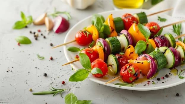 Vibrant vegetable skewers are artfully arranged on a white plate, showcasing cherry tomatoes, bell peppers, onions, and zucchini. Fresh basil leaves and scattered herbs surround the dish, enhancing the culinary appeal. The kitchen environment, filled with additional ingredients, hints at the preparation process.