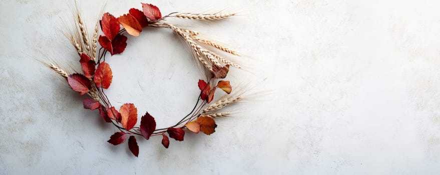 Autumn wreath of red leaves and wheat on white background.