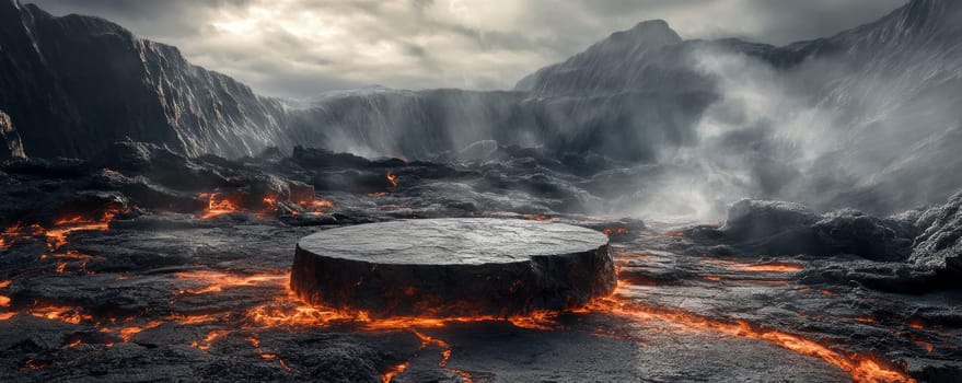 Volcanic landscape with glowing lava and rocky plateau, dramatic scene. Natural wonder and geological exploration concept.