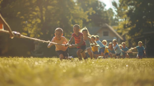 A group of children participate in a cheerful tug-of-war competition in a sunlit park. The young participants show enthusiasm and teamwork as they pull on a rope, creating an exciting atmosphere of camaraderie and fun.
