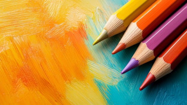 Colored pencils on vibrant painted background.