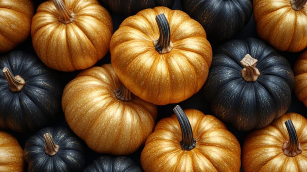 Golden and black pumpkins, autumn decoration. Halloween and harvest season concept.
