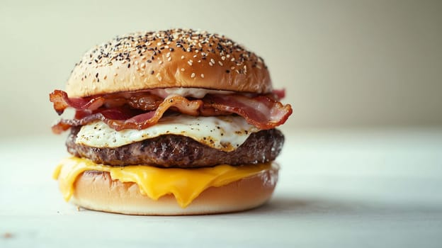 A mouthwatering bacon cheeseburger topped with a fried egg and stacked high on a warm sesame seed bun.