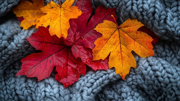 Maple leaves on knitted blanket, cozy autumn atmosphere.
