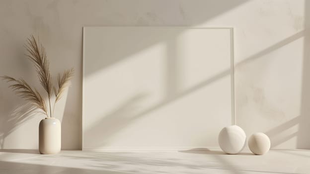 Bright natural light filters through a window, illuminating a minimalist setting with a simple vase holding dried foliage, accompanied by two decorative orbs. The neutral tones create a serene atmosphere perfect for modern decor.
