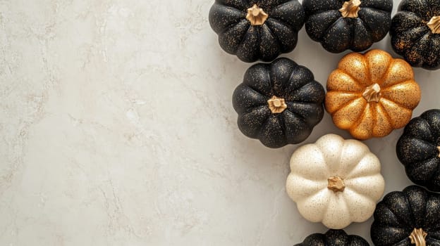 Decorative black, gold, and white pumpkins on a light textured background, autumn holiday theme. Festive decoration and seasonal concept.