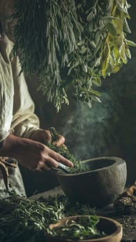 Herbs being crushed in mortar in rustic setting, culinary preparation concept.