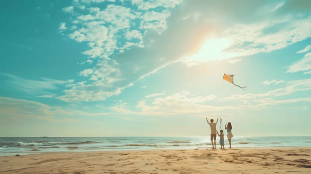 A family is happily playing at the beach on a sunny day, flying a vibrant kite. The children are excitedly running along the shoreline, while their parents watch with joy. The ocean sparkles under the bright sunlight, and fluffy clouds float in the blue sky above.