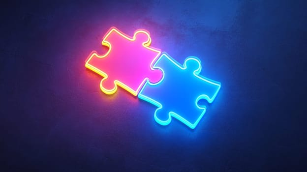 Glowing neon puzzle pieces connected on dark background.