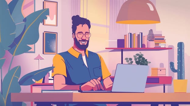 A cheerful professional sits at a stylish desk, working on a laptop in a cozy home office adorned with plants and colorful decor. The atmosphere is warm and inviting, perfect for productivity and creativity.