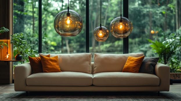 Cozy living room with modern sofa and pendant lights, nature view. Relaxation and interior design concept.
