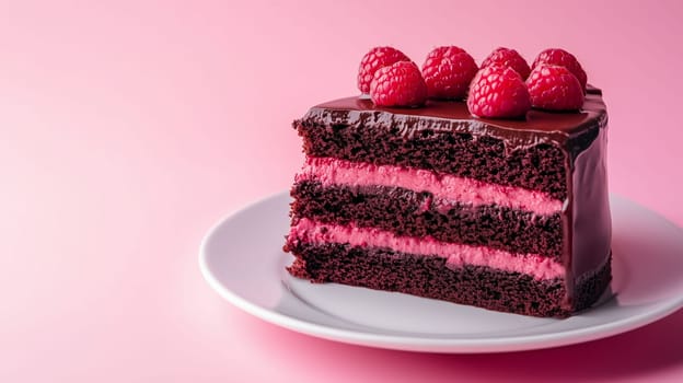 Layers of rich chocolate cake filled with vibrant raspberry cream are topped with fresh raspberries, creating a tempting dessert displayed on a white plate with a soft pink backdrop.