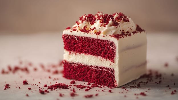 A slice of rich red velvet cake is served on a wooden surface, topped with creamy frosting and red cake crumbs, creating an inviting dessert presentation.