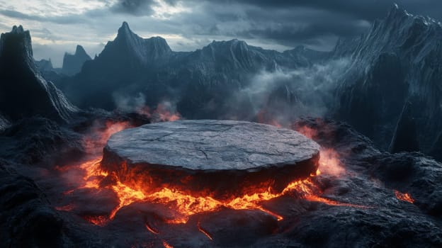 Volcanic landscape with lava platform and mountainous horizon, dramatic scene. Geological phenomena concept.