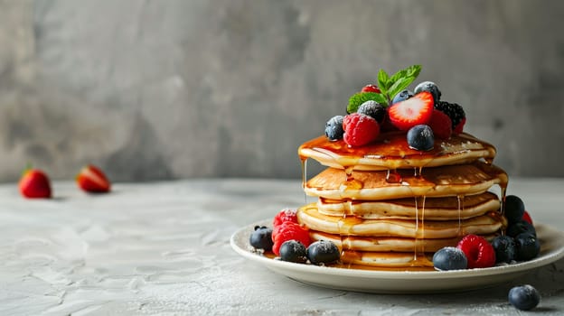 A tall stack of fluffy pancakes sits elegantly on a plate, generously topped with ripe strawberries, raspberries, and blueberries. Golden syrup drizzles down the sides, enhancing the appetizing presentation. The neutral backdrop highlights the vibrant colors of the berries, creating an inviting and mouthwatering appeal.