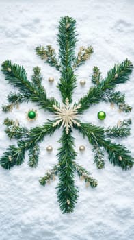 Pine branch snowflake ornament on snow background, festive winter decoration concept.